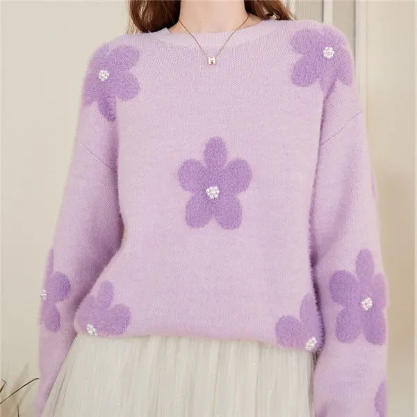Lazy Wind Soft Glutinous Sweet Sweater Women's Autumn Winter New Korean Loose Beaded Flower Knitted Tops Ladies Pullover