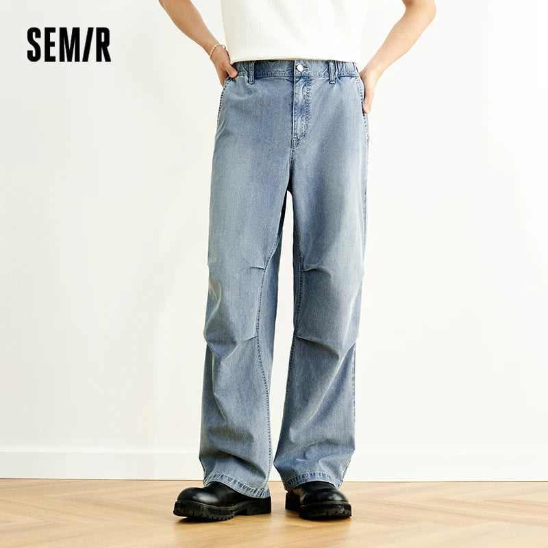 Semir Men Jeans Pleated 2026 Loose Fit Straight Lightweight Washed Urban Casual Everyday Style Soft Comfortable Daily Wear