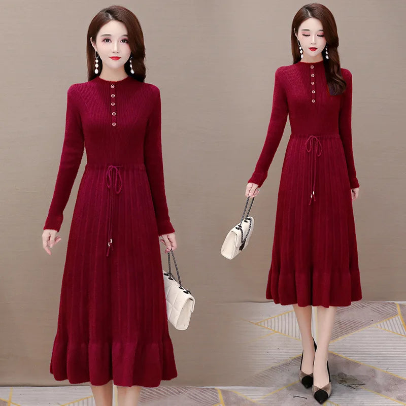 រ៉ូបវែងមធ្យមធ្វើពីរោមចៀម Mink Cashmere ថ្មី ទន់ ក្តៅ ពាក់ជាមូលដ្ឋាន អាវយឺតស្តើងសម្រាប់ស្ត្រី រដូវស្លឹកឈើជ្រុះ រដូវរងា សម្លៀកបំពាក់ប៉ាក់ អាវក្រៅស្ត្រី
