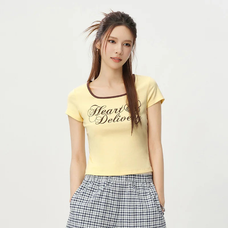 Women Tshirt Color Block Square Neck Short Length Casual Fashion 2026 Summer Sweet Stylish Daily Comfort Wear Top