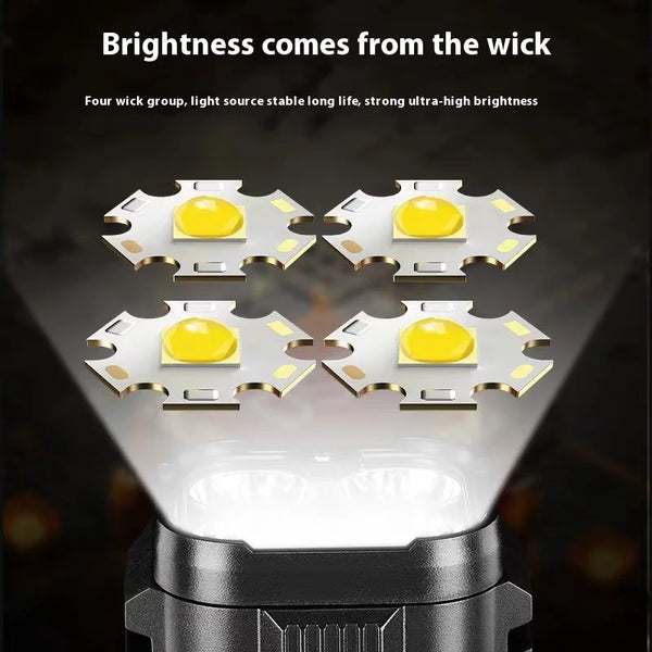 ពិលភ្លើង LED 4 គ្រាប់ ជាមួយភ្លើង COB ភ្លើងបំភ្លឺភ្លឺខ្លាំង អាចសាកបានតាម USB ប្រភេទ C ពិលសម្រាប់បោះតង់ ចង្កៀងនេសាទ