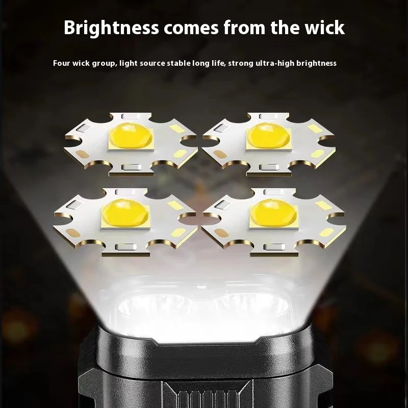 ពិលភ្លើង LED 4 គ្រាប់ ជាមួយភ្លើង COB ភ្លើងបំភ្លឺភ្លឺខ្លាំង អាចសាកបានតាម USB ប្រភេទ C ពិលសម្រាប់បោះតង់ ចង្កៀងនេសាទ