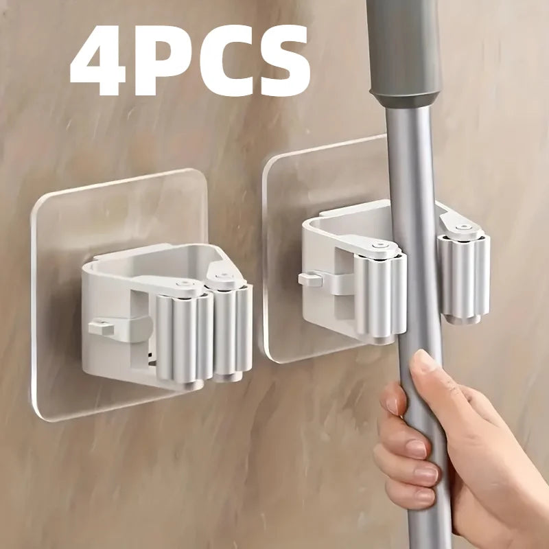 2/4pcs Mop Organizer Holder, Seamless Wall Mounted Mop Clips with No Drill, Strong Adhesive Bathroom Storage Hooks.