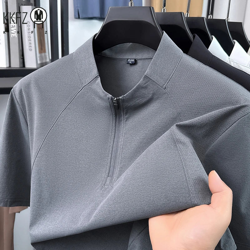 Mens Comfortable Quarter Zip Polo Shirt Short Sleeve Stand Collar Soft Touch Daily Wear Top