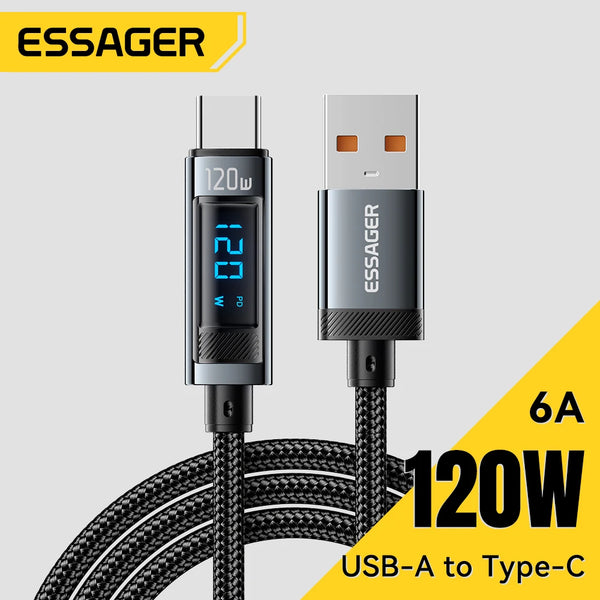 ខ្សែសាក Essager 120W USB Type C PD Super Flash Charging 6A សម្រាប់ Xiaomi 14Pro Redmi K70 POCO X6 Black Shark 3Pro អេក្រង់ LED ឌីជីថល