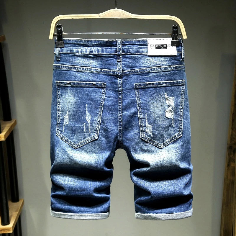 2026 New Men's Blue Hole Denim Shorts, Summer Casual Jeans Shorts Asian Sizes 28-36 38 40