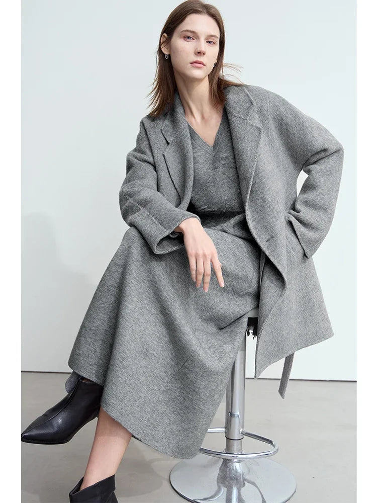 អាវរោមចៀម AMII Minimalism Alpaca សម្រាប់ស្ត្រីជាមួយខ្សែក្រវ៉ាត់ឆ្នាំ ២០២៥ រដូវរងាថ្មី Lapel Collar អាវធំពីរជាន់ 12454031