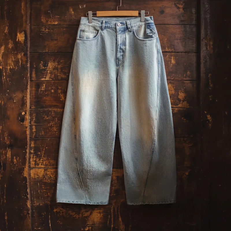 ខោខូវប៊យ MADEN Wash Barrel Wide Leg Baggy Jeans Men Vintage Washed Distressed Denim Curved Wide Leg Relaxed Baggy Y2K Streetwear Casual