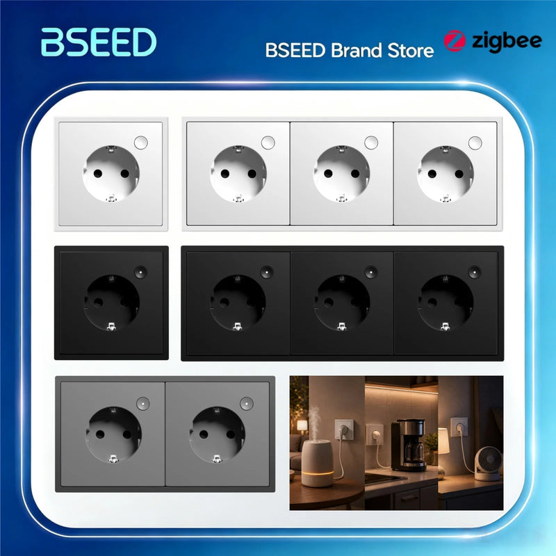 BSEED E Series Zigbee Socket Power Monitor Function Smart Electric Outlets Tuya Smart Life Google Home Control Plastic Frame