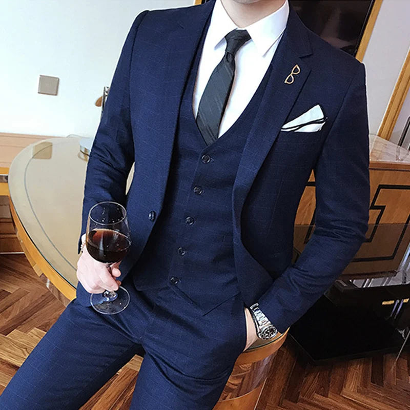 2026 Men Black Classic Striped/Checked Suits, Men's Business Office 3-Piece, Asian Size Slim Fit Sets, Blue/Gray Available