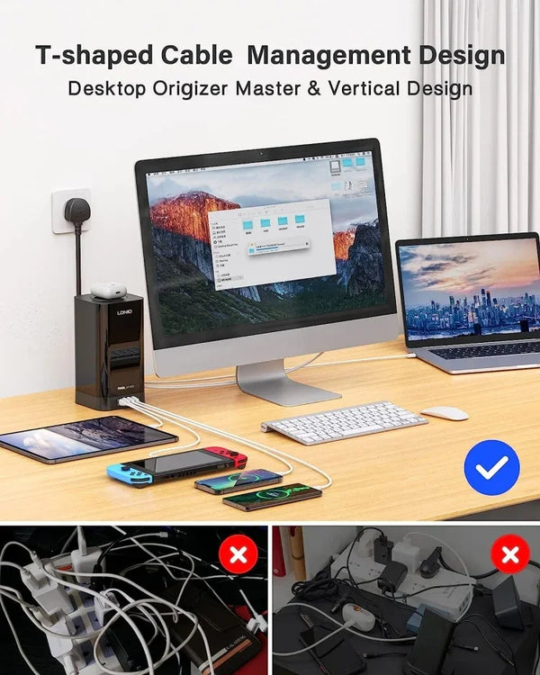 ឌុយភ្លើង LDNIO Tower មានរន្ធដោតចំនួន 6 + រន្ធ USB ចំនួន 4 + ឆ្នាំងសាកឥតខ្សែ ខ្សែភ្លើងប្រវែង 2 ម៉ែត្រ រន្ធដោតបញ្ឈរសម្រាប់ប្រើប្រាស់ក្នុងផ្ទះ