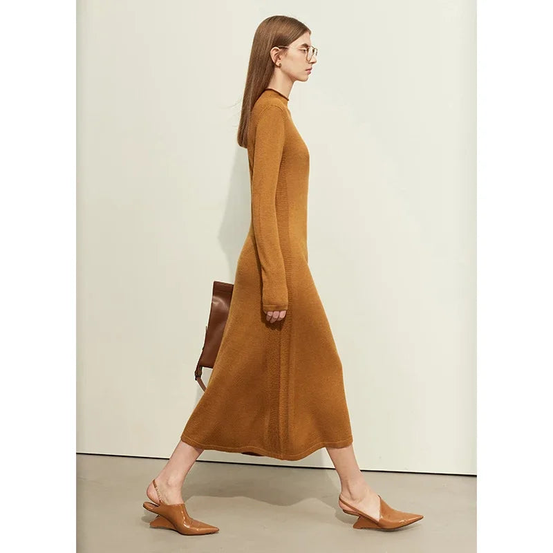 AMII Minimalist Knitting Dresses For Women 2026 Winter New Mid-Calf A-line Long Sleeve Half High Collar Slim Vestidos 12354005