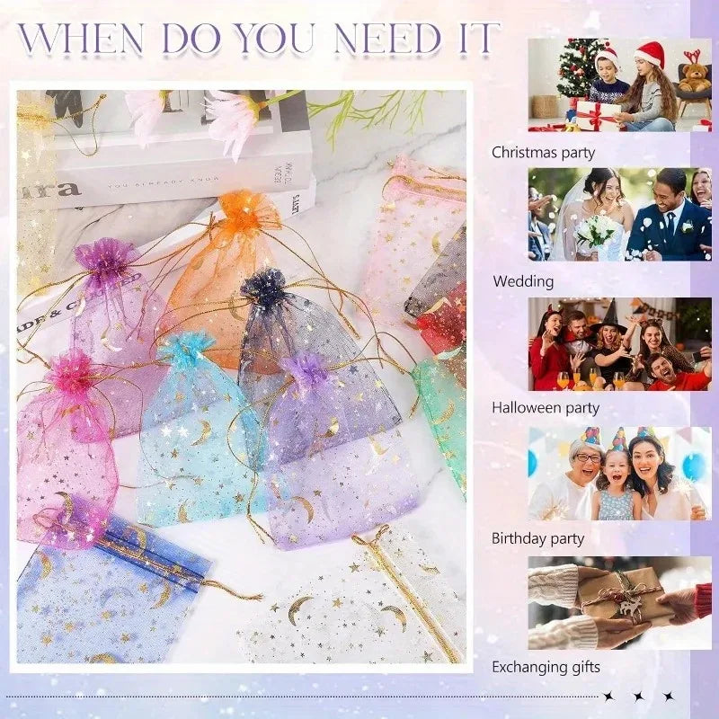 50PCS Moon Stars Drawstring Organza Bags Jewelry Gift Bags Pouches Gold Star Organza Favor Pouches for Christmas Wedding