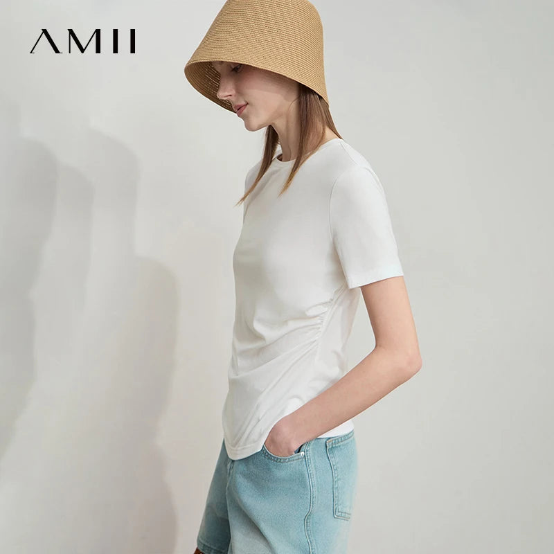អាវយឺត Amii Minimalist សម្រាប់នារី ក O ផ្នត់ ចង្កេះតូច អាវយឺតប៉ាក់កប្បាស ប្រឆាំងបាក់តេរី 12522045