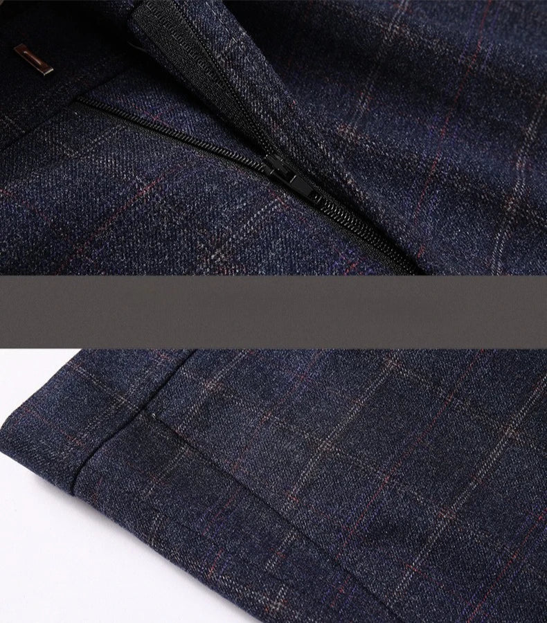 2026 New Men's Blue Three-Piece Suit Set: Black-and-Gray Checkered Jacket with Vest and Trousers, Slim-Fit Suit in Asian Sizes.