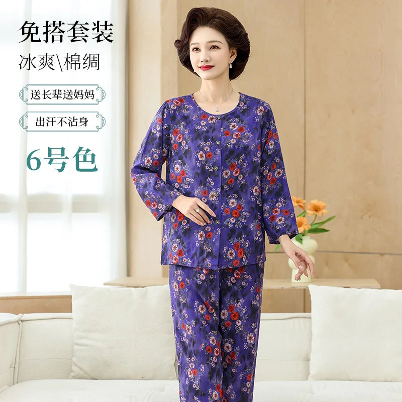 Middle-aged XL-4XL LARGE Home Wear Nightwear for Women Pajamas Floral Spring New Long Sleeve Pyjamas Set Woman Night Clothes