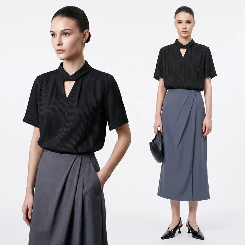 Amii Women's Blouse 2026 Summer New Twist Neck Cutout Jacquard Chiffon Top Elegant Office Flare Sleeve Shirt For Women 12622071