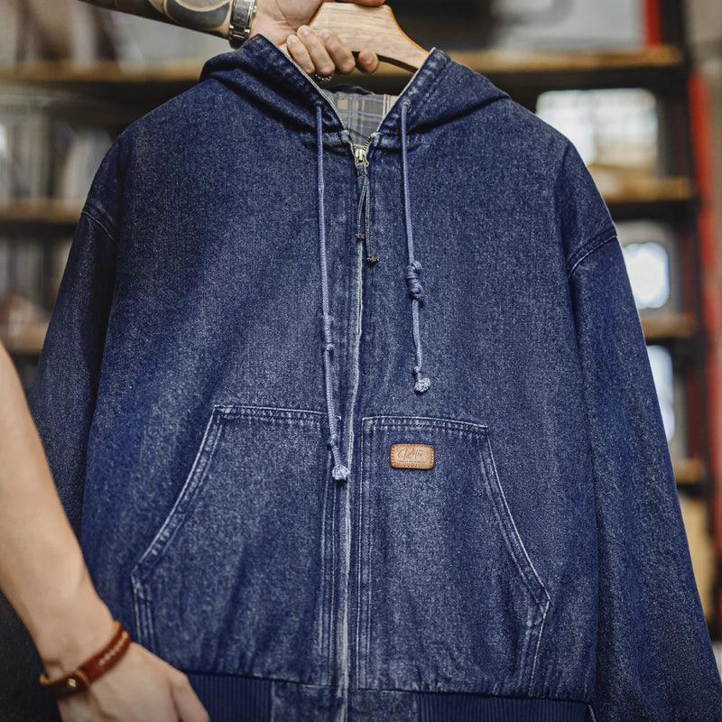 Maden Retro Men's J130 10.5oz Denim Jacket Heavyweight Washed Aged Hooded Jacket Zipper Work Coat with Large Pockets for Fall