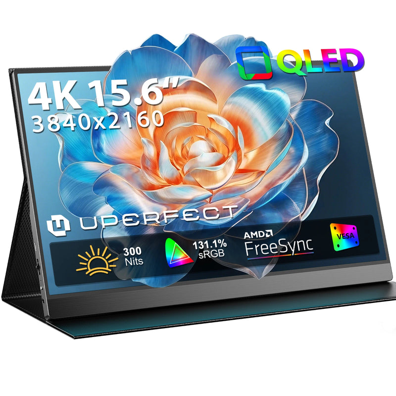 ម៉ូនីទ័រចល័ត PERFECT QLED 4K ទំហំ 15.6 អ៊ីញ 131% sRGB HDR IPS UHD USB-C កុំព្យូទ័រយួរដៃ កុំព្យូទ័រ អេក្រង់ HDMI ជាមួយ Smart Cover និងឧបករណ៍បំពងសម្លេងពីរ