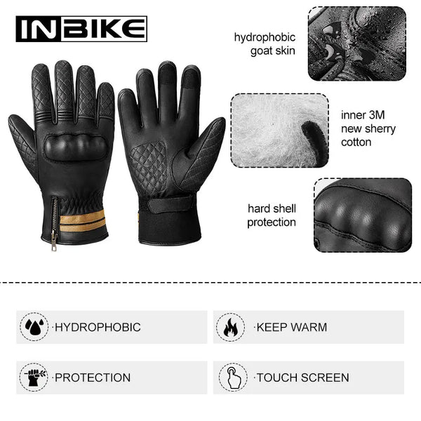 INBIKE Winter Motorcycle Gloves Man Full Finger Thermal Touch Screen Windproof Sheepskin Leather Padded Motorbike Gloves for Men