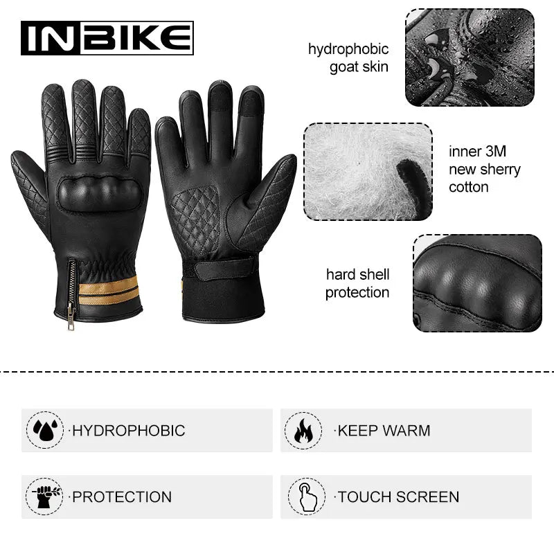 INBIKE Winter Motorcycle Gloves Man Full Finger Thermal Touch Screen Windproof Sheepskin Leather Padded Motorbike Gloves for Men