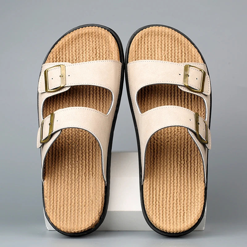 Summer Mens Adjustable Slippers Men Leather Slides Thick Soles Bottom Platform Slippers Sandals Soft Comfortable