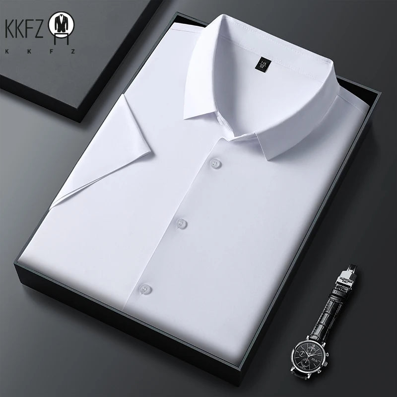New Men's Business Casual Solid Color Short Sleeved Shirt for Summer Fashion No Ironing Comfortable and Versatile Top