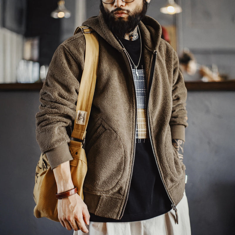អាវក្រៅ Maden សម្រាប់បុរស ពណ៌ Khaki Fleece Zip Hoodie រដូវរងា ក្រាស់ ក្តៅ និង មានស្រទាប់ Sherpa ខាងក្នុង អាវធម្មតាប្រចាំថ្ងៃ