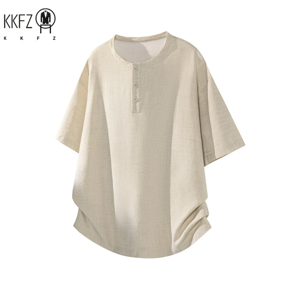 Male Summer Henley Neck Casual T���Shirt Lightweight Linen Texture Material Loose Cut Tee For Travel Gathering Street Wear