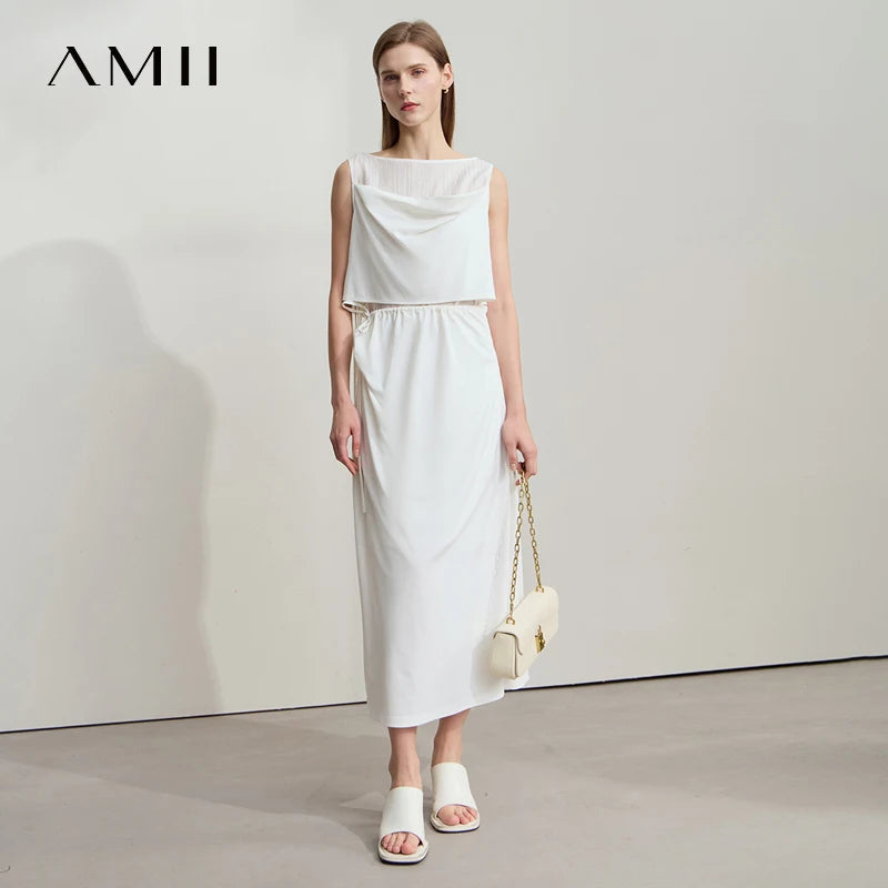Amii Women Minimalist Casual Dress 2026 Summer New Office Lady Light Luxury Sleeveless Knit Drawstring Midi Dresses 12542115