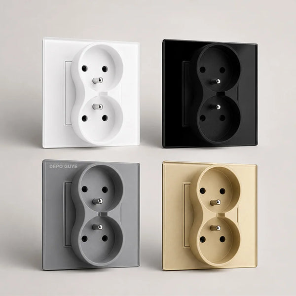 French Wall Socket Double Power Outlet FR Standard 16A Glass Panel Single Double Frame White Black Home Electrical Wall Socket