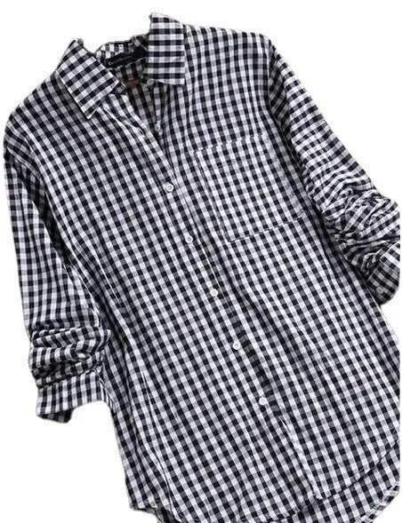 2027 New Women's Long-Sleeve Checkered Shirt, Available in Black, Gray, Blue, Red, and Pink.