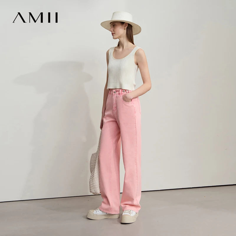 ខោខូវប៊យ AMII Minimalist សម្រាប់នារី រដូវស្លឹកឈើជ្រុះ ឆ្នាំ២០២៥ ខោជើងត្រង់បែប Retro ថ្មី ងាយស្រួលស្លៀក ខោកប្បាសពណ៌សុទ្ធ សម្រាប់ធ្វើដំណើរ 12542026