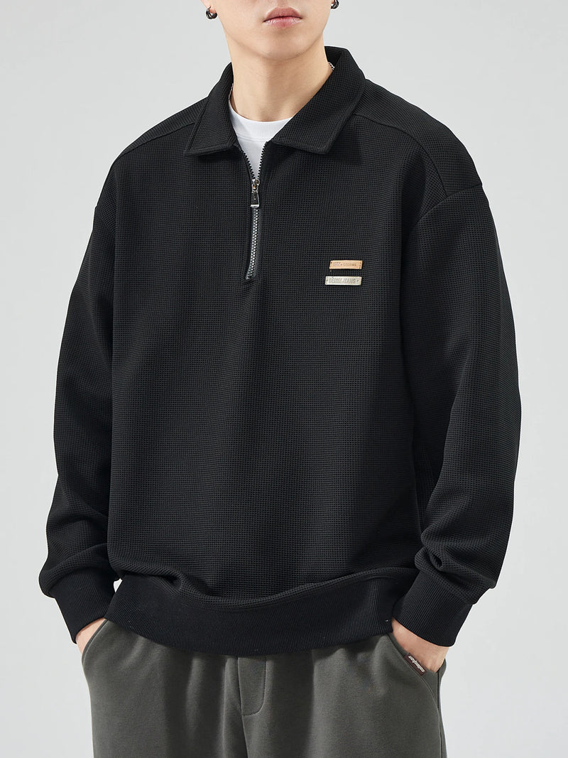 DUKEEN Heavyweight Waffle Knit Quarter-Zip Polo Sweatshirt for Men 2025 Spring Fall New Casual Loose Fit Long Sleeve Pullover
