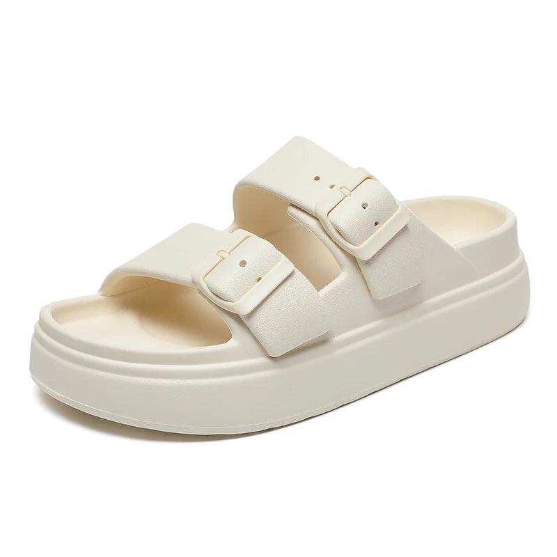 Pure White Womens Slippers Double Buckle Slide Sandals Thick Soles Height Increase 4.5cm Summer Flat Rubber Slides Soft Comfort