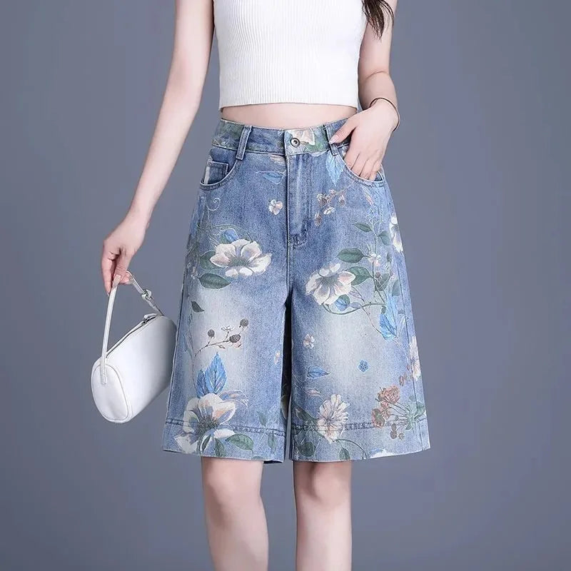 Women's Blue Printed Jeans for Spring and Fall, Blue Denim Shorts for Summer, Asian Sizes S–XXL. 2026-2027