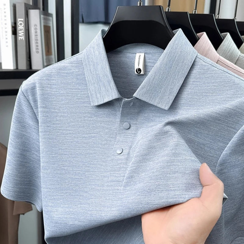 Seamless Color Cotton Polo Shirt Men Flat Knit Business Casual Short Sleeve, Breathable Quick-Dry Tee