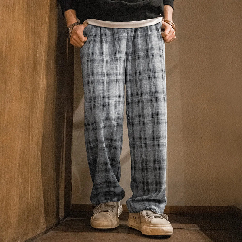 Maden Vintage Loose Fit Checkered Cargo Pants Men's Spring Lightweight Drawstring Waist Straight Trousers Casual Wide Leg Pants