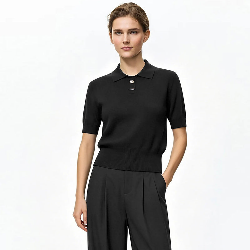 Amii Women's Knit Top 2026 Summer New Polo Neck Short Sleeve Sweater Metal Button Office Casual Versatile Pullover 12642077