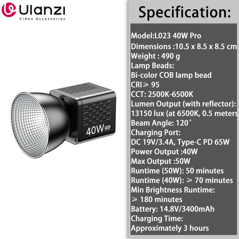 ភ្លើងវីដេអូ Ulanzi L023 40W Pro ដែលអាចចល័តបាន ភ្លើងថតវីដេអូ LED Bi-Color COB ស្ទូឌីយោថតរូប 2500K-6500K 3400mAh សម្រាប់ការផ្សាយផ្ទាល់វីដេអូ