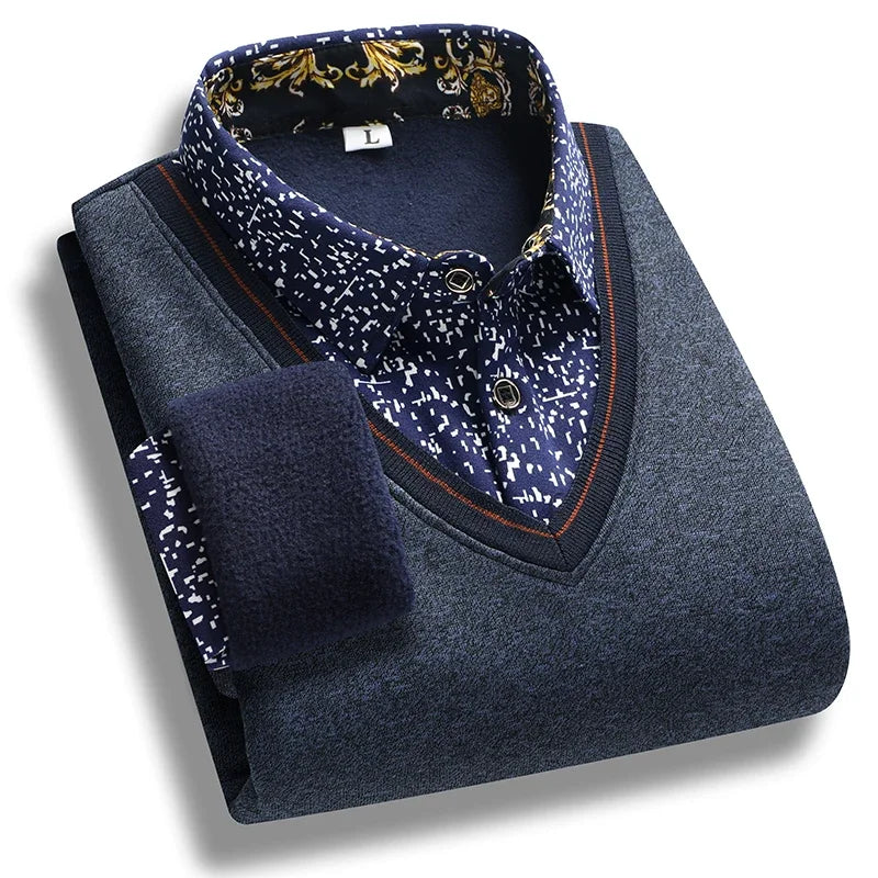 V Neck Piping Detail Fake Two Piece Shirt Men Fleece Lined Printed Collar Long Sleeve Travel and Family Gathering Wear