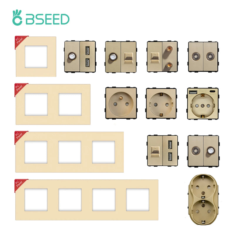 BSEED DIY Modules EU Plastic Panel Gold Double USB Socket Internet CAT5 RJ45 ST TV Power Socket Wall-Mounted Free Combination