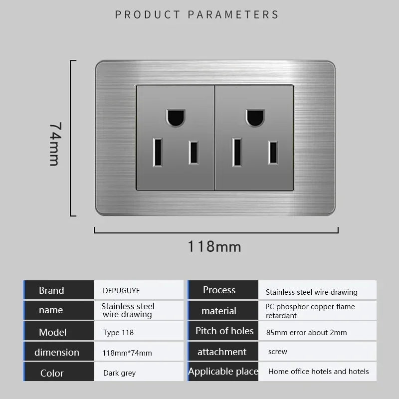 American Standard Wall Light Switch Power Socket Universal Plug with usb US Stainless Steel 2way Socket Panel 118*74m Computer