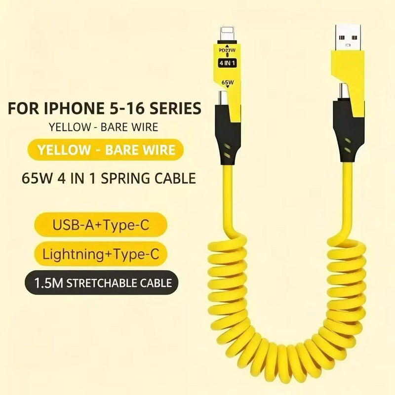 4 IN 1 Retractable Spring Charging Cable 65W PD Fast Charge Multi‑Connector Phone USB Cable