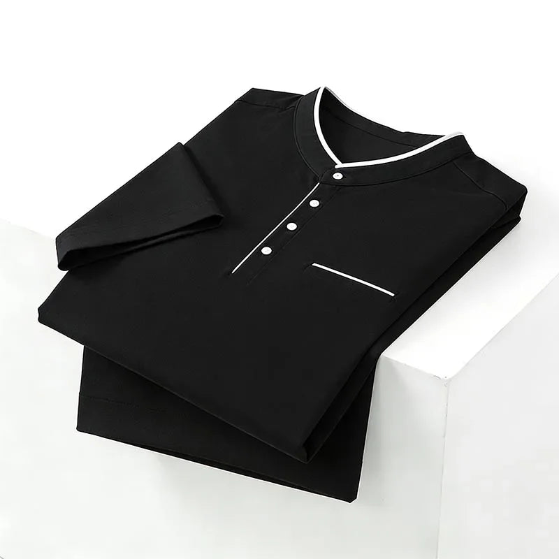 2026 New Men's Navy Blue Stand Collar Long Sleeve Polo Shirt Office Business Commute Top