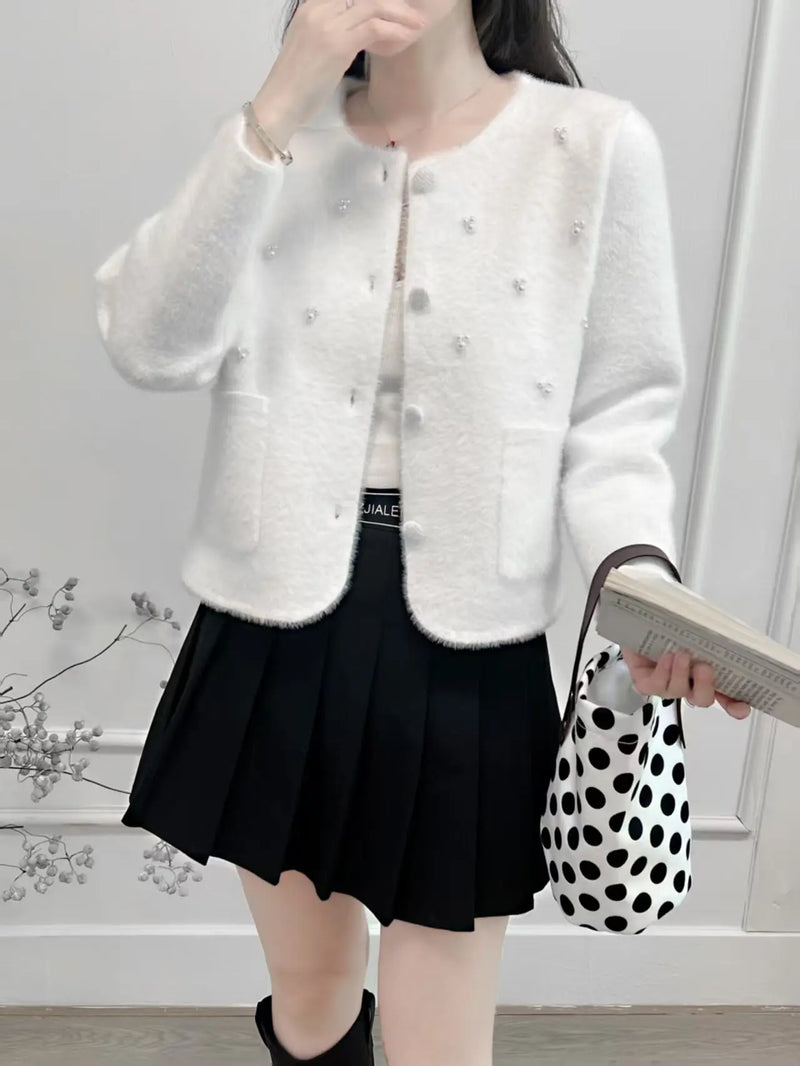 Korean Fashion Knitted Cardigan Jacket Women's Autumn Winter Top New Temperament Crew Neck Sweater Single Breasted Coat Female