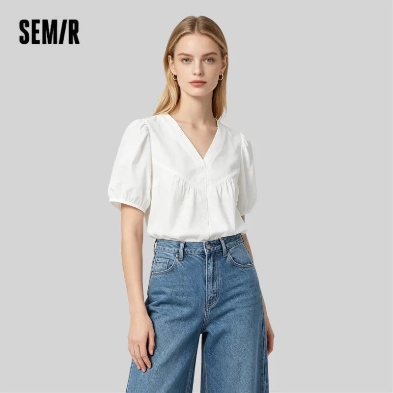 Semir Womens Shirt 2026 White Texture Puff Sleeve Ruffle V Neck Sweet Fashion Design Casual