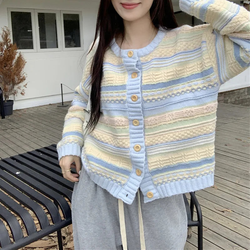 Soft Contrasting Color Striped Crew Neck Knitted Cardigan Coat Women's Autumn Winter Top Casual Sweater Jacket Knitwear Traf