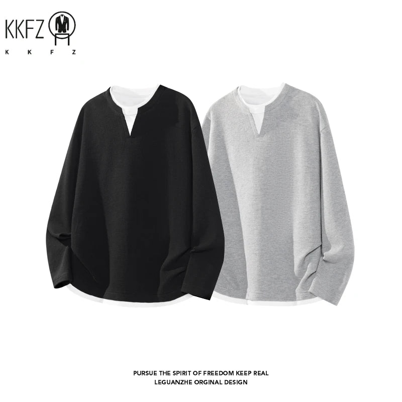 Youth Casual Fake Two Piece Top For Males Notch Collar Long Sleeve Waffle Weave Fabric Travel Friendly Clothing