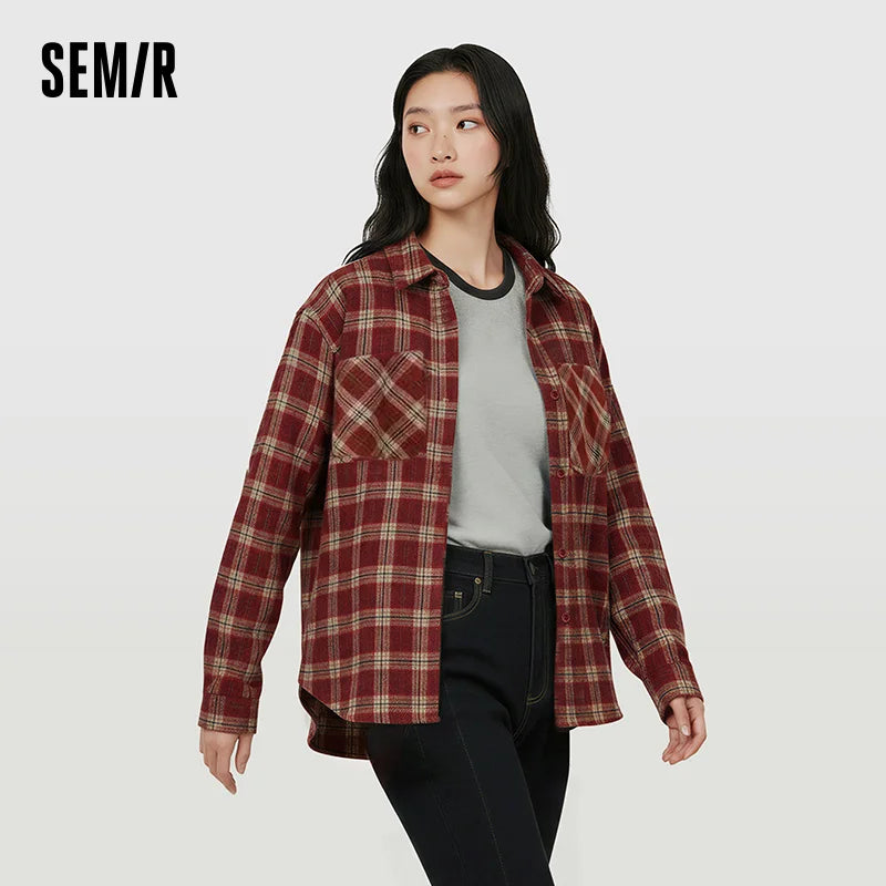 Semir Vintage Shirt Women Long Sleeve Mid Length Red Plaid Top Loose Casual Fashion Blouse 2026 Spring Stylish Outerwear